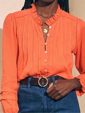 FAHERTY Willa Blouse Women MEDIUM Orange eyelet pleated ruffle organic cotton